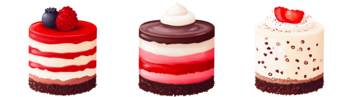 Set of cakes, dessert, with berries and chocolate, cut out transparent png