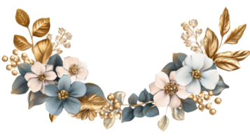 Floral semi wreath with golden leaves and blue flowers, cut out transparent png