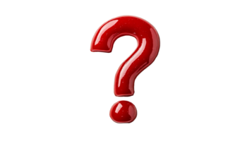 Glossy red question mark on black background, cut out transparent png