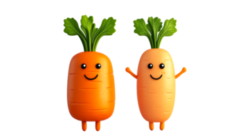 Two playful cartoon carrots with smiling faces, cut out transparent png