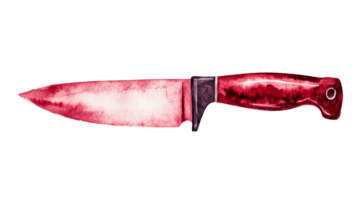 Bloody knife with red handle, dark guard, sharp blade, cut out transparent png