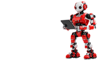 Robot using tablet, humanoid form, digital technology, cut out transparent png