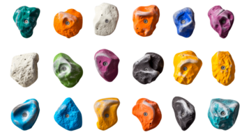 Climbing holds, colorful, diverse grip options, studio shot, cut out transparent png