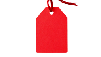 Bright red tag with string isolated on black background, cut out transparent png