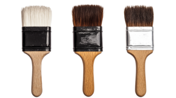 Three paintbrushes with varying bristles, art supplies, cut out transparent png