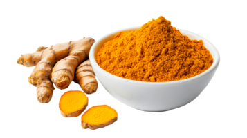 Turmeric spice and root with powder in bowl, cut out transparent png