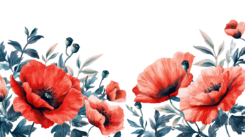 Vibrant floral arrangement with red poppies against black backdrop, cut out transparent png