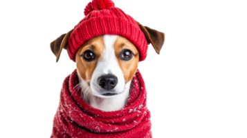 Dog wearing a red hat and scarf with a playful expression png