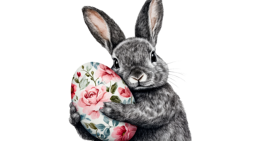 Gray rabbit holds easter egg with flower pattern, cut out transparent png