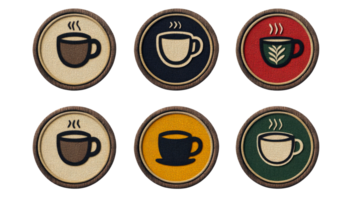 Set of stitched style coffee coaster icons on black, cut out transparent png