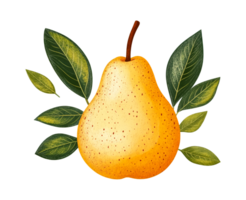 Pear with leaves composition, art illustration, cut out transparent png