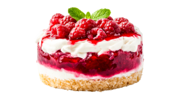 Raspberry cheesecake dessert with cream, mint garnish, cut out transparent png
