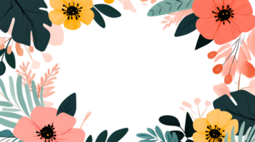 Floral frame with colorful flowers and leaves on black background, cut out transparent png