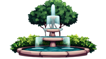 Decorative tiered fountain illustration with water feature, cut out transparent png