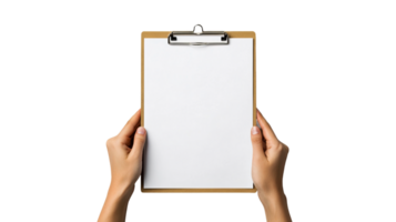 Hands hold clipboard with blank paper, presentation, isolated, cut out transparent png