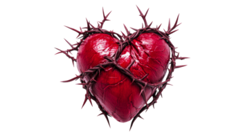 Heart with thorns on black background render illustration, cut out transparent png