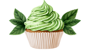 Cupcake with Green Frosting and Leaf Decorations, cut out transparent png