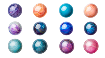 Set of smooth round glass globes in multiple colors, cut out transparent png