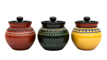 Colorful ceramic jars with lids isolated, cut out transparent png