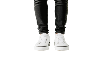 Stylish white sneakers with platform on person, cut out transparent png