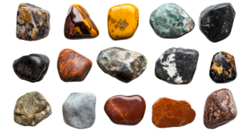 Collection of various natural polished stones, cut out transparent png