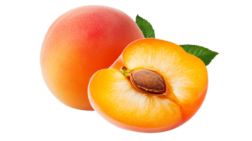 Apricot fruit, whole and sliced, with leaves, cut out transparent png