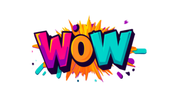 Colorful WOW text design with bright explosion background, cut out transparent png