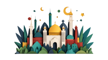 Mosque buildings with domes and towers, Islamic architecture, cut out transparent png