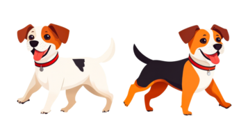 Two playful cartoon dogs with red collars, isolated, cut out transparent png