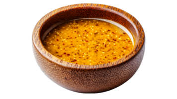 Mustard sauce in wooden bowl, gourmet condiment, food ingredient, cut out transparent png
