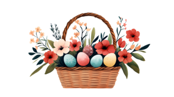 Easter basket with flowers and colorful eggs, cut out transparent png