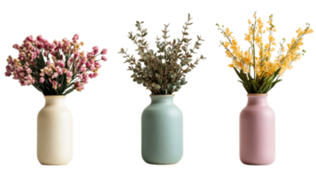 Floral Vases in Three Colors with Diverse Flowers, cut out transparent png