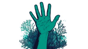 Hand rising from sea, algae growing around, cut out transparent png