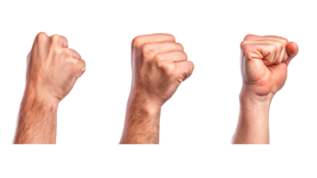 Three fists gesture different forms in the air, cut out transparent png