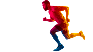 Energetic runner sprints forward with colorful lighting effect, cut out transparent png
