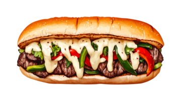 Philly cheesesteak sandwich with peppers and sauce, cut out transparent png