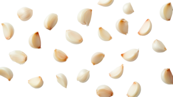 Garlic cloves scattered on black background, cut out transparent png