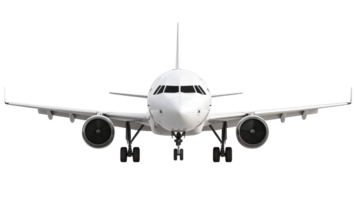 Passenger plane front view on black background, cut out transparent png