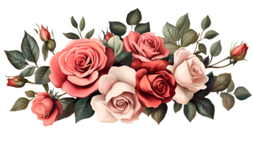 Bouquet of roses isolated on black background, cut out transparent png