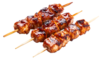 Two skewers of grilled chicken kabobs, chicken on sticks, cut out transparent png