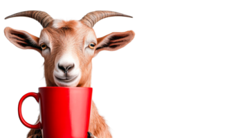 Goat with a red cup smiles mysteriously, cut out transparent png