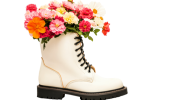 White boot with flowers, composition and colorful, cut out transparent png