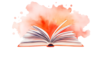 Open book with watercolor background in coral tones, cut out transparent png