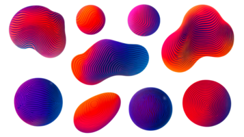 Abstract blobs and spheres with colorful linear textures, cut out transparent png