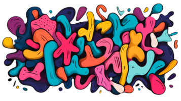 Abstract shapes and colorful blob elements on black background, cut out transparent png