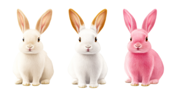 Three colorful rabbits in a row isolated on black background, cut out transparent png