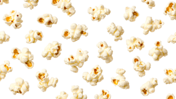 Seamless popcorn pattern, scattered kernels on dark background, cut out transparent png