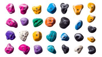 Collection of climbing holds in various colors and shapes, cut out transparent png