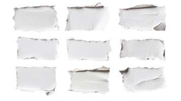 Set of 9 white paper scraps with torn edges on black background, cut out transparent png