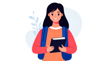 Smiling student holds a book and wears a backpack, cut out transparent png